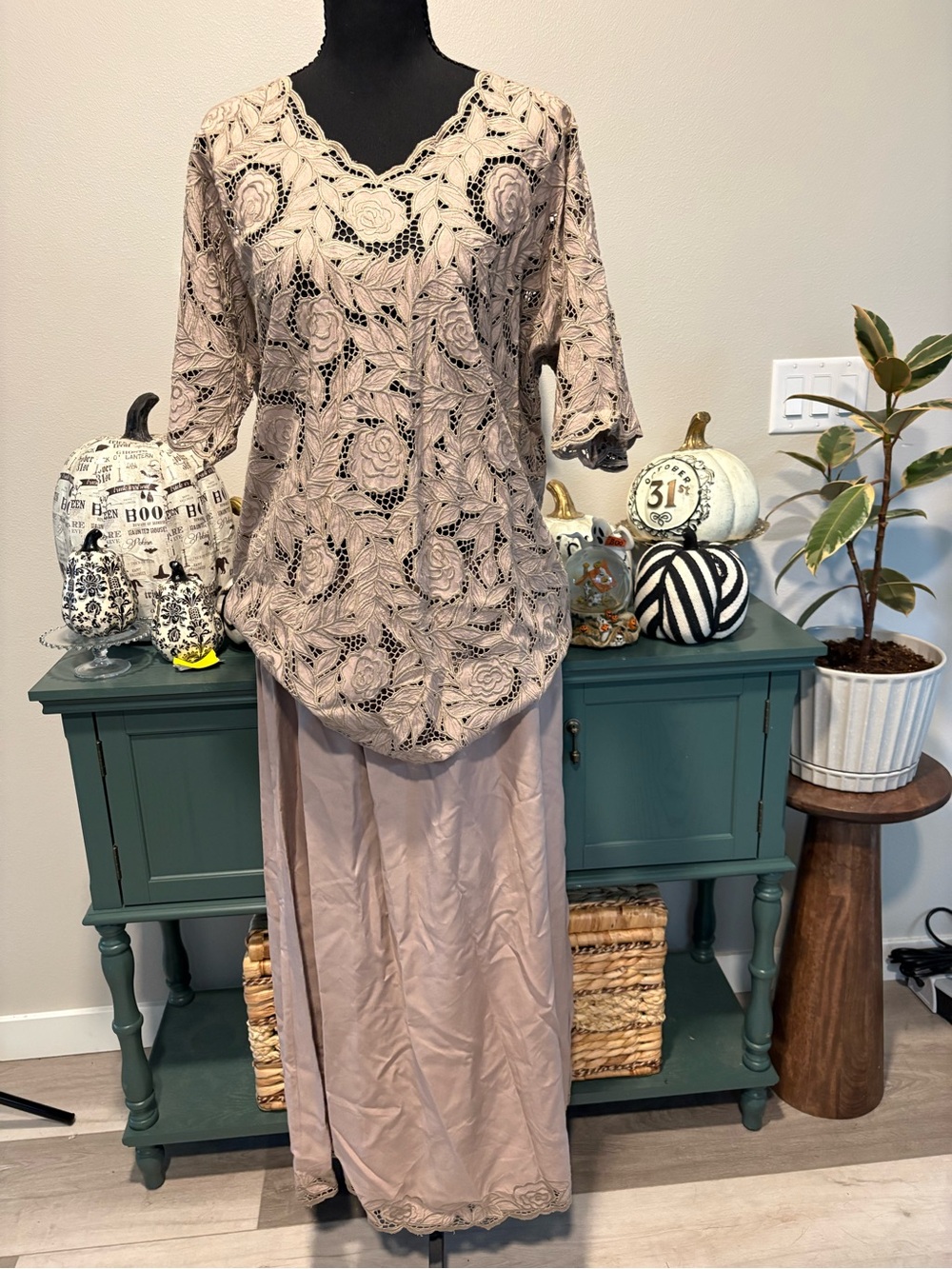 Emerald Beige Lace Tunic Top with Floral Crochett with Matching Skirt